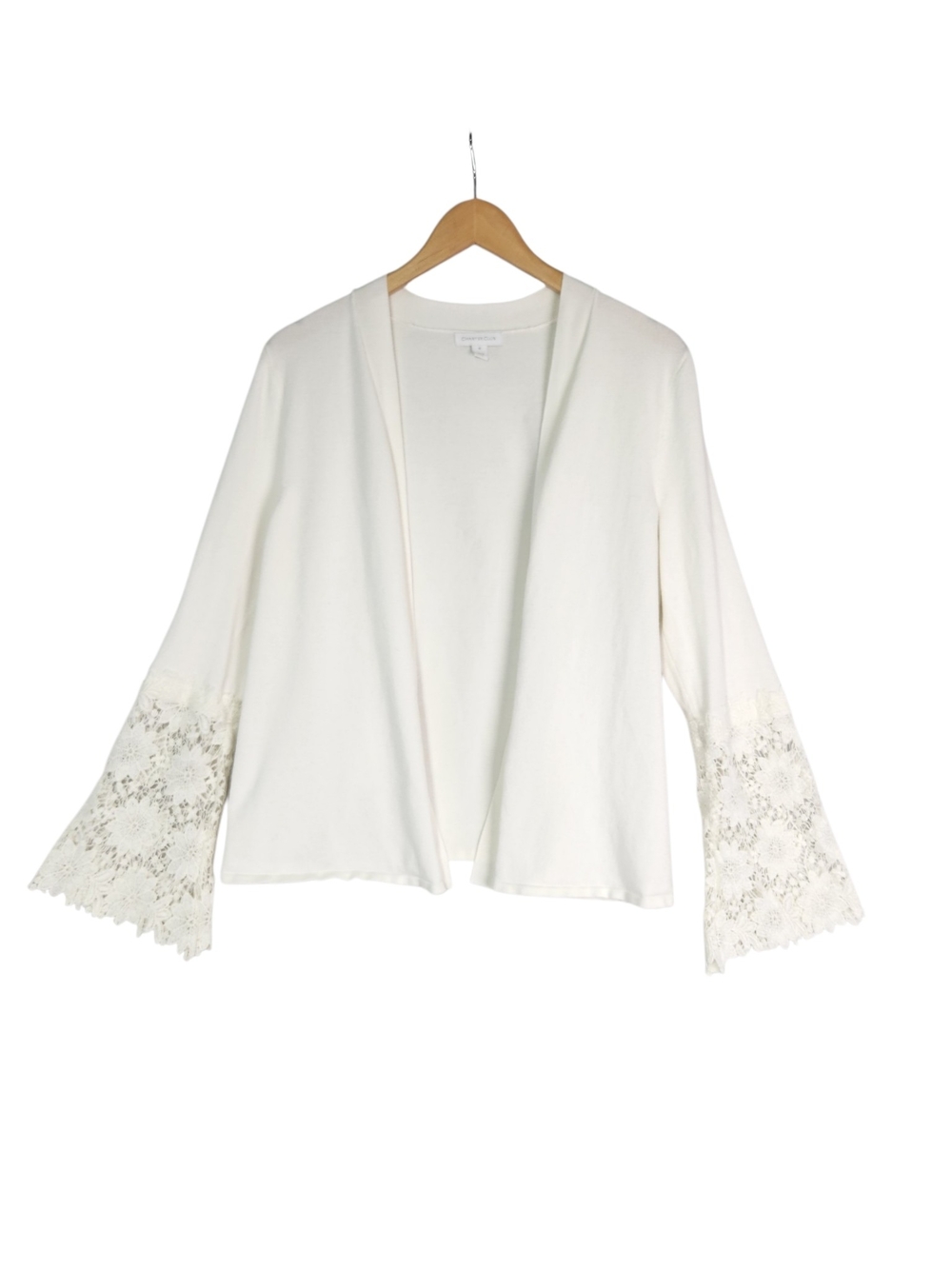 Charter Club Women M Ivory Open Front Cardigan Floral Lace Bell Sleeve Boho